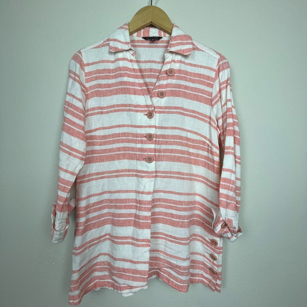John Mark Linen Top Peach White Striped Popover Lagenlook Coastal Casual Size S